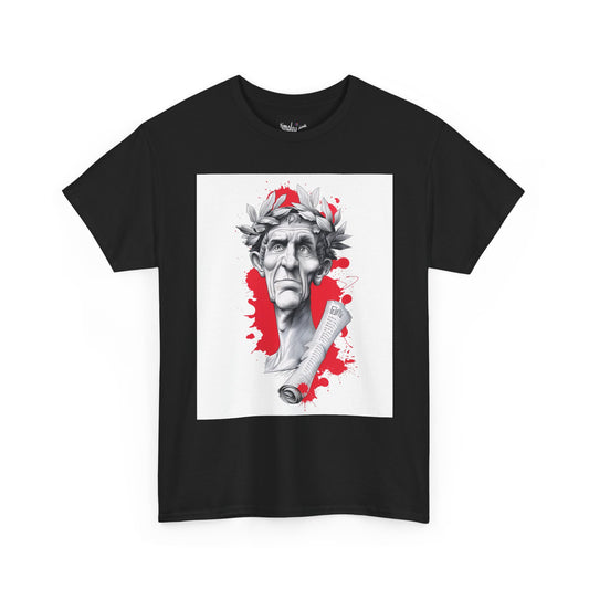 Black t-shirt with a graphic of a classical statue with a red splash on a white background