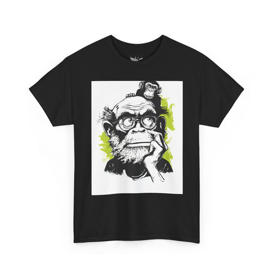Black t-shirt with a graphic of a monkey and a person on a white background