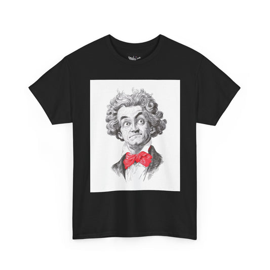 Black t-shirt with a graphic of a person with a red bow tie on a white background