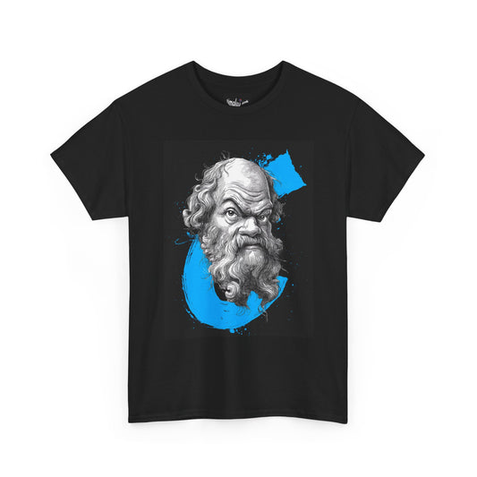 Black t-shirt with a graphic of an elderly man's face on a white background