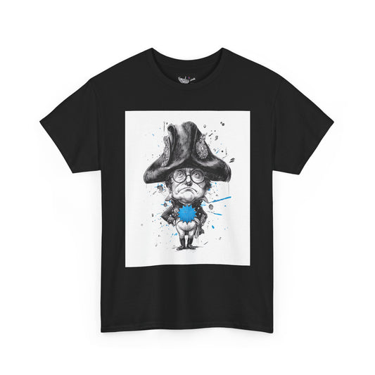 Black t-shirt with a graphic design of a character in a large hat and glasses on a white background