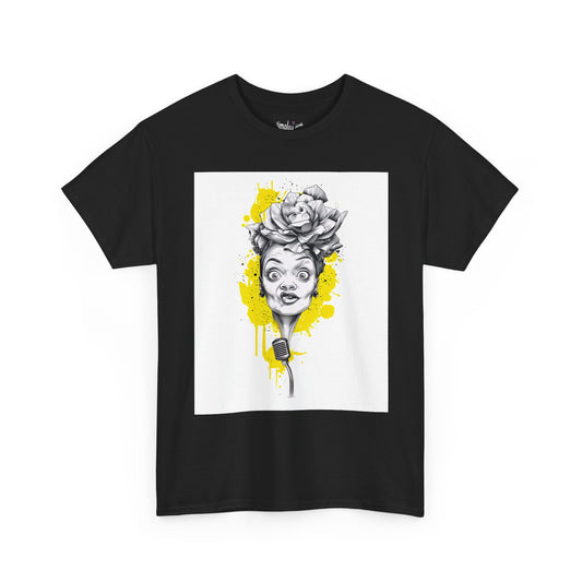 Black t-shirt with a graphic design of a woman's face with flowers and a microphone on a white background.