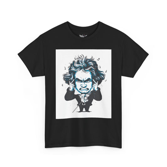 Black t-shirt with a graphic of a famous composer on a white background