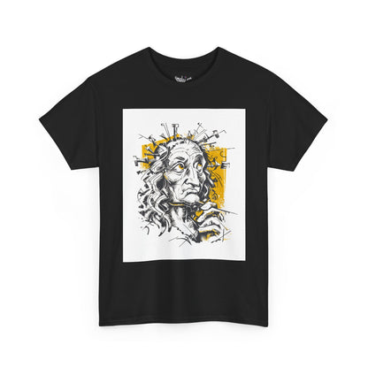 Black t-shirt with a graphic design of a face on a white background