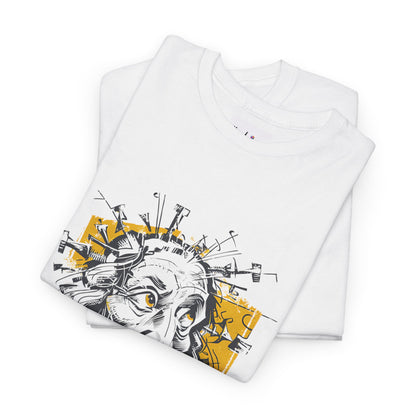 White t-shirt with a graphic design on a white background