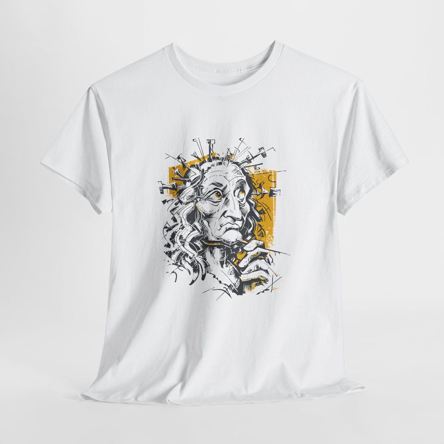 White t-shirt with a graphic design of a face on a white background