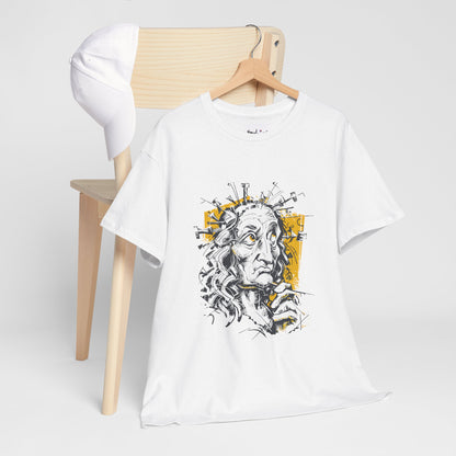 White t-shirt with a graphic design of a face on a wooden chair against a white background
