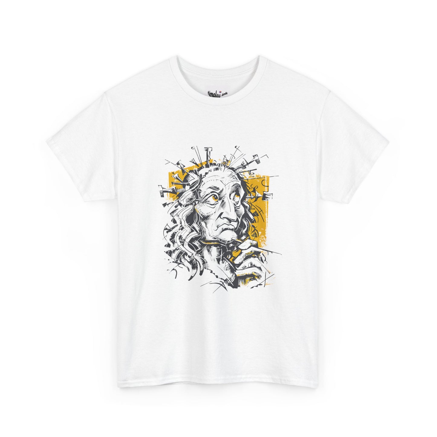 White t-shirt with a graphic design of a face on a white background