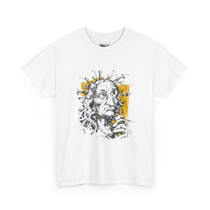 White t-shirt with a graphic design of a face on a white background