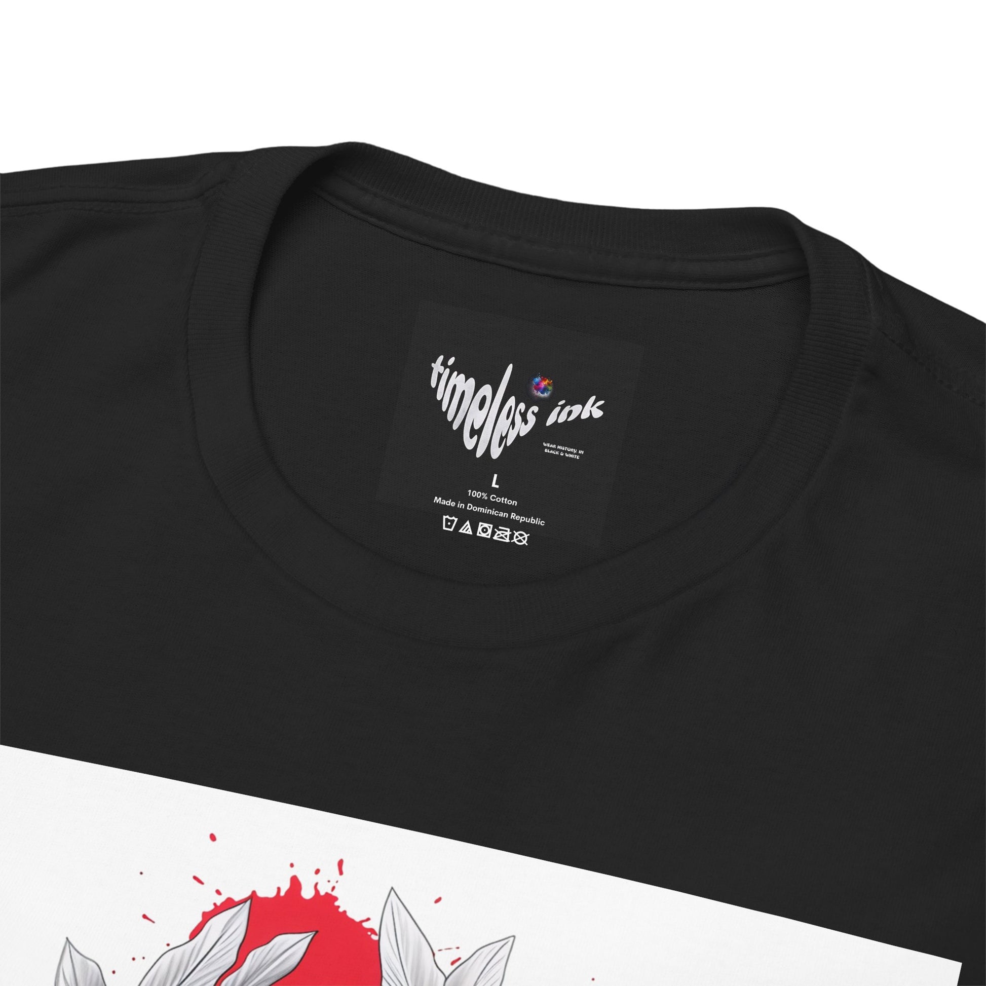 Black t-shirt with 'timeless ink' label on a white background