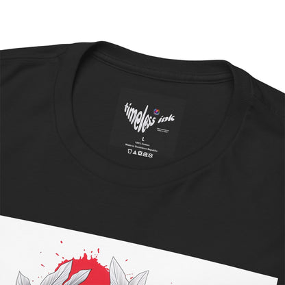 Black t-shirt with 'timeless ink' label on a white background