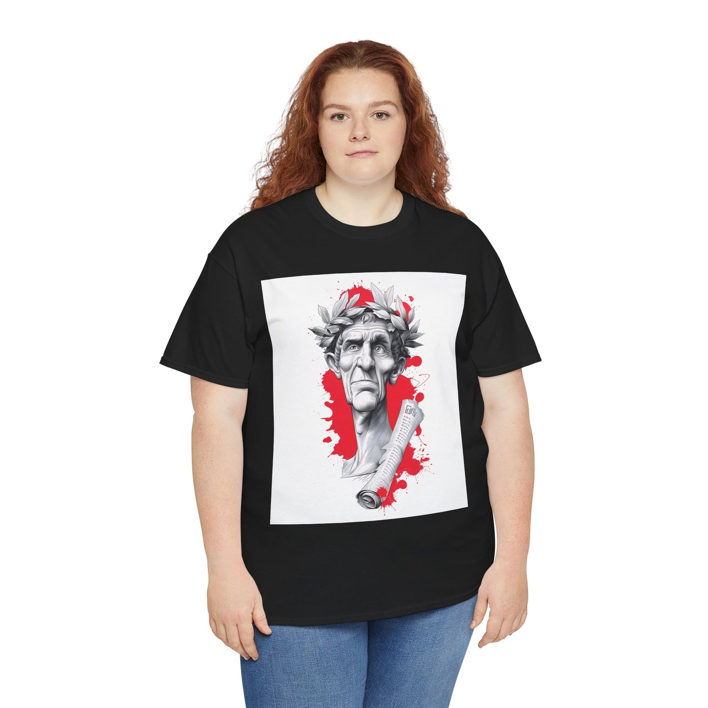 Person wearing a black t-shirt with a graphic design on a white background