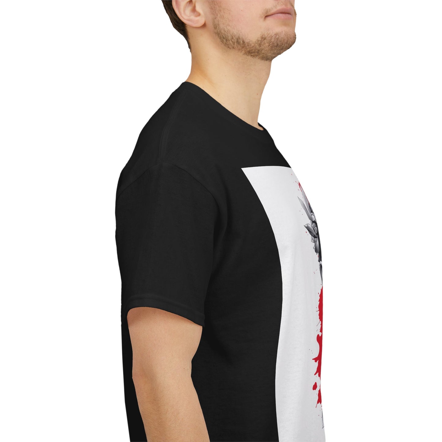 Black t-shirt with a white and red graphic design on a white background