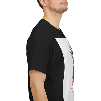 Black t-shirt with a white and red graphic design on a white background