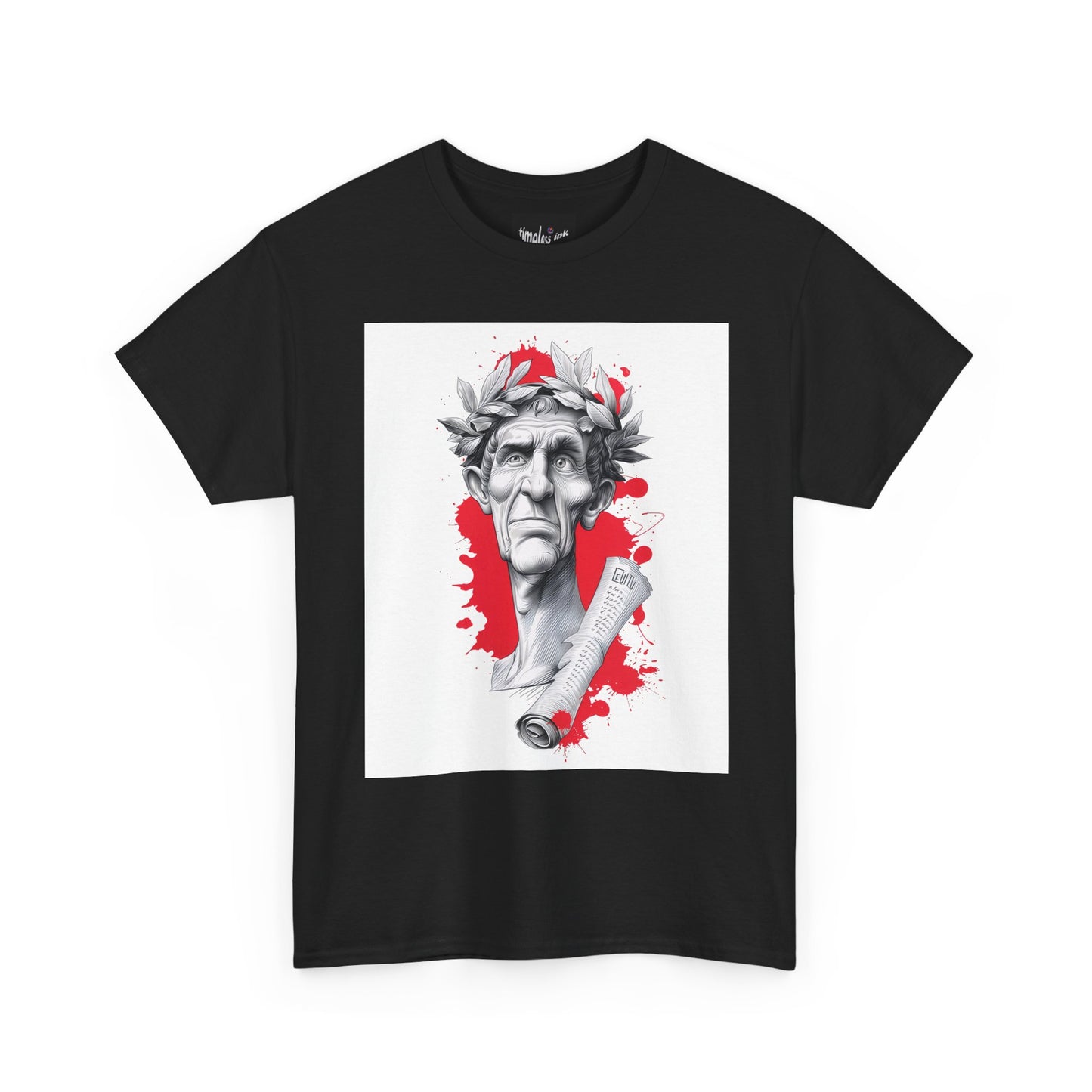 Black t-shirt with a graphic of a classical statue with a red splash on a white background