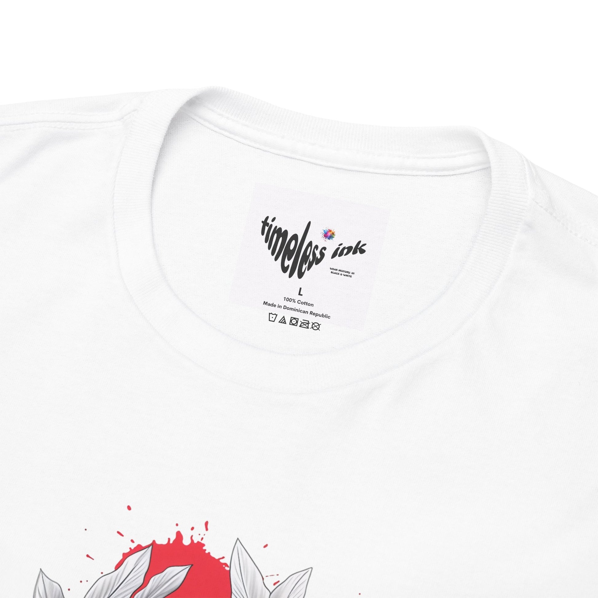 White t-shirt with 'timeless ink' logo and red abstract design on a white background