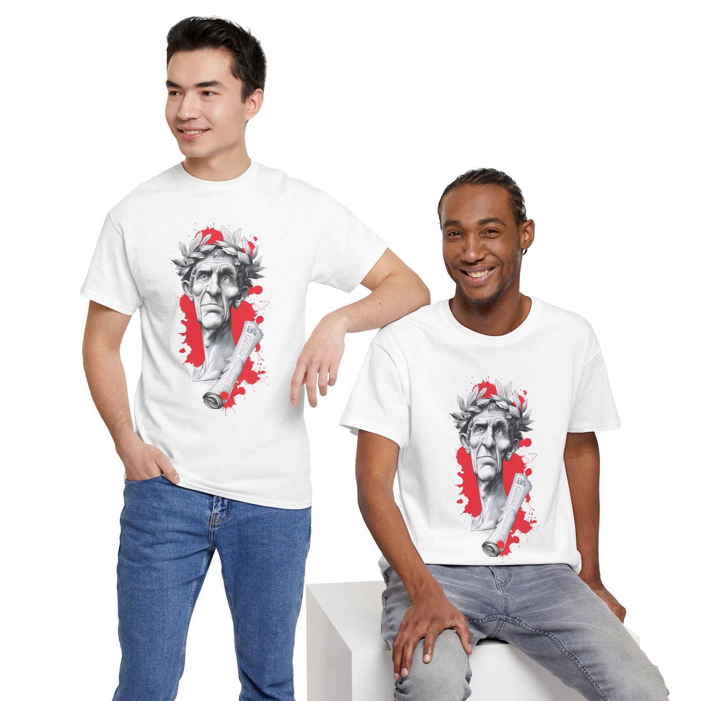 Two men wearing white t-shirts with a graphic design of a classical figure on a white background