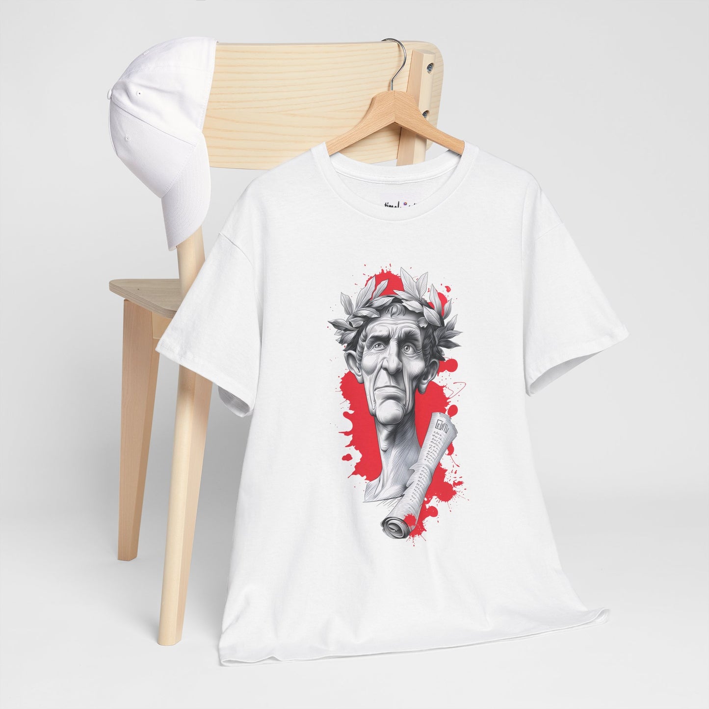 White t-shirt with graphic design of a classical statue on a wooden chair