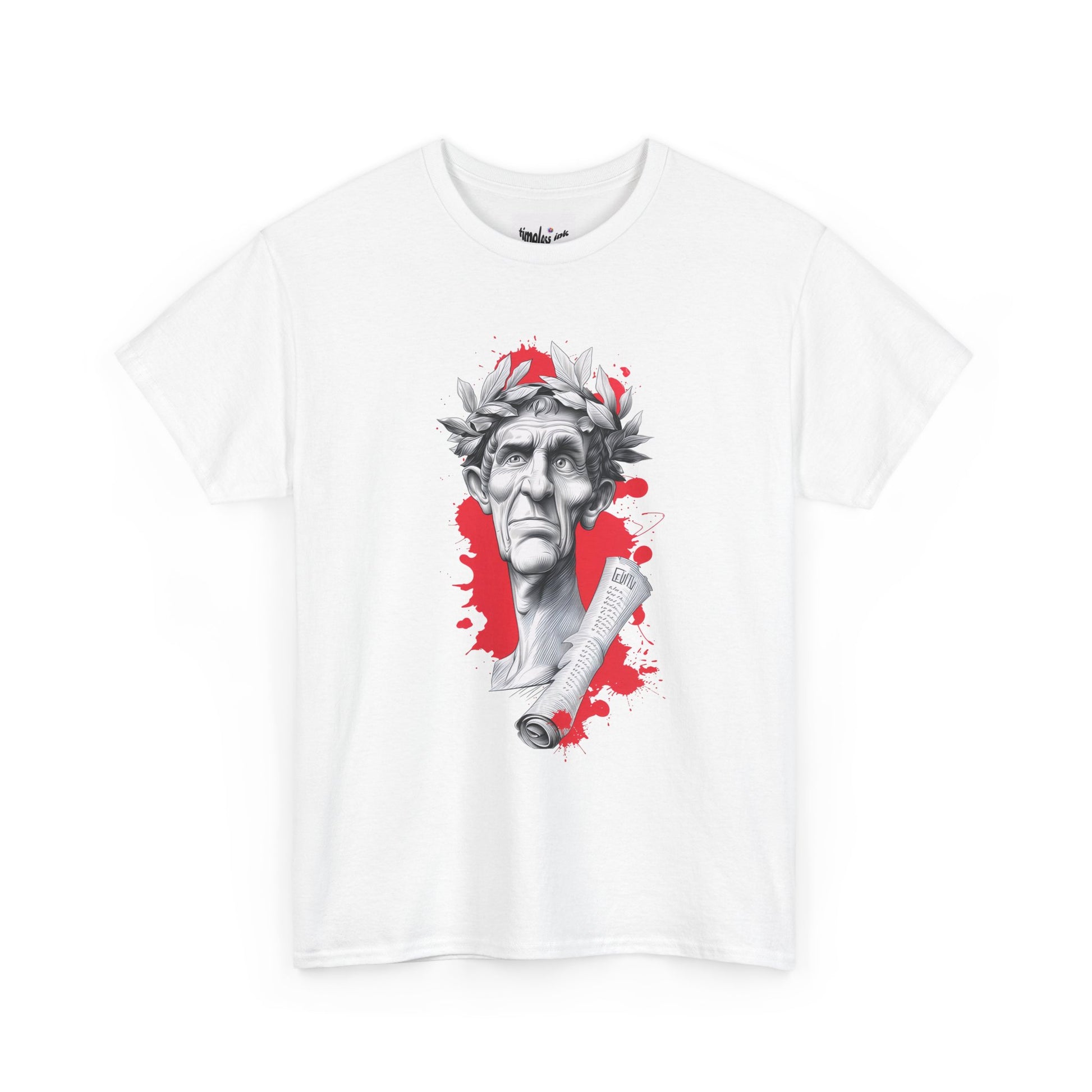 White t-shirt with graphic design of a classical statue on a white background