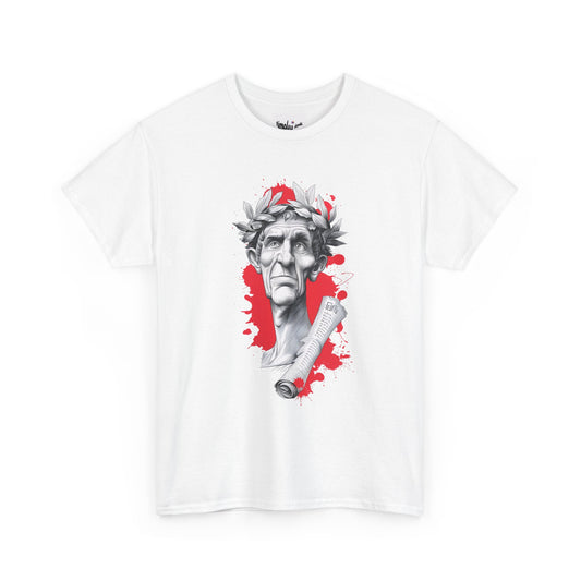 White t-shirt with graphic design of a classical statue on a white background