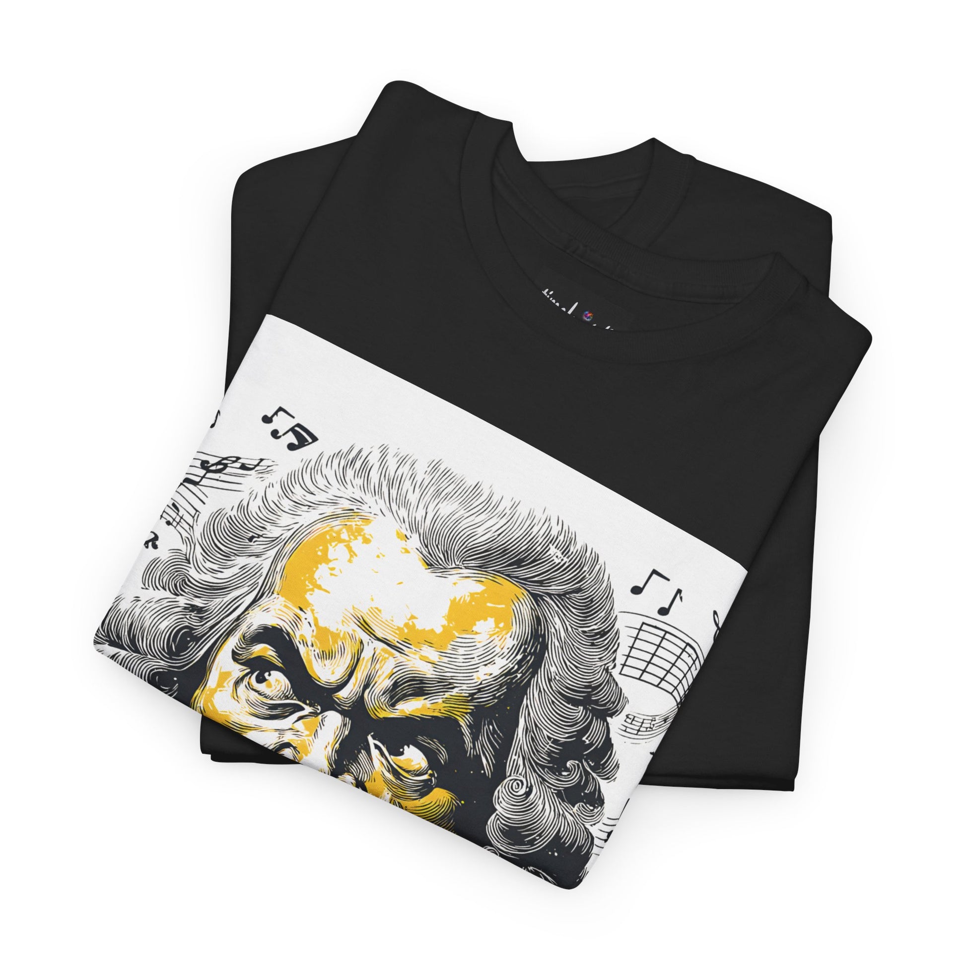 Black t-shirt with a graphic design of a face and musical notes on a white background