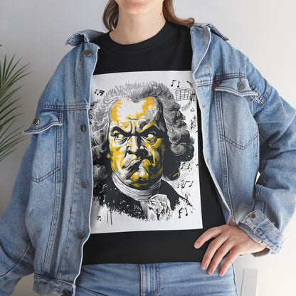 Person wearing a black t-shirt with a graphic design of a famous composer, paired with a denim jacket.
