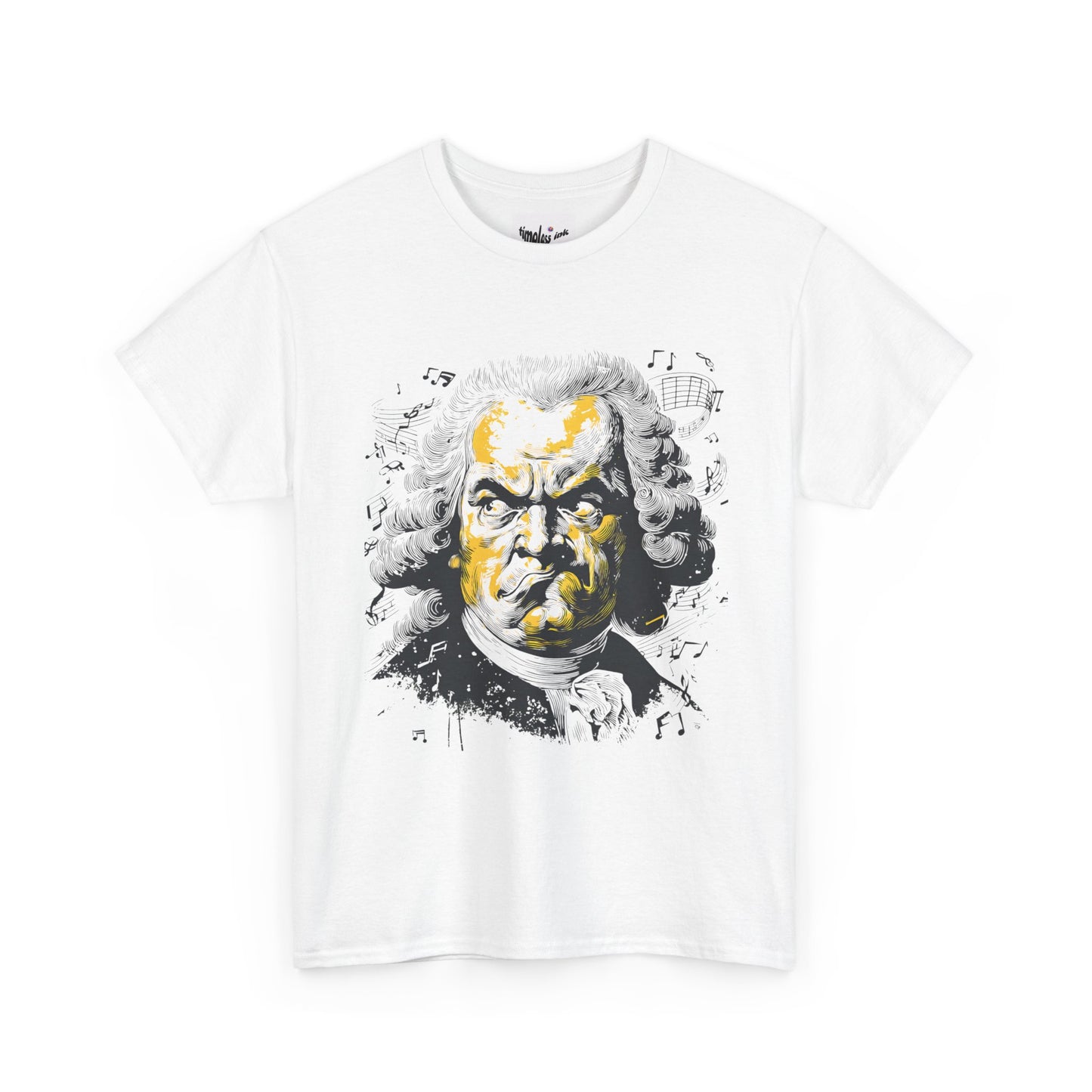 White t-shirt with a graphic design of a face with yellow hair and black clothing on a white background