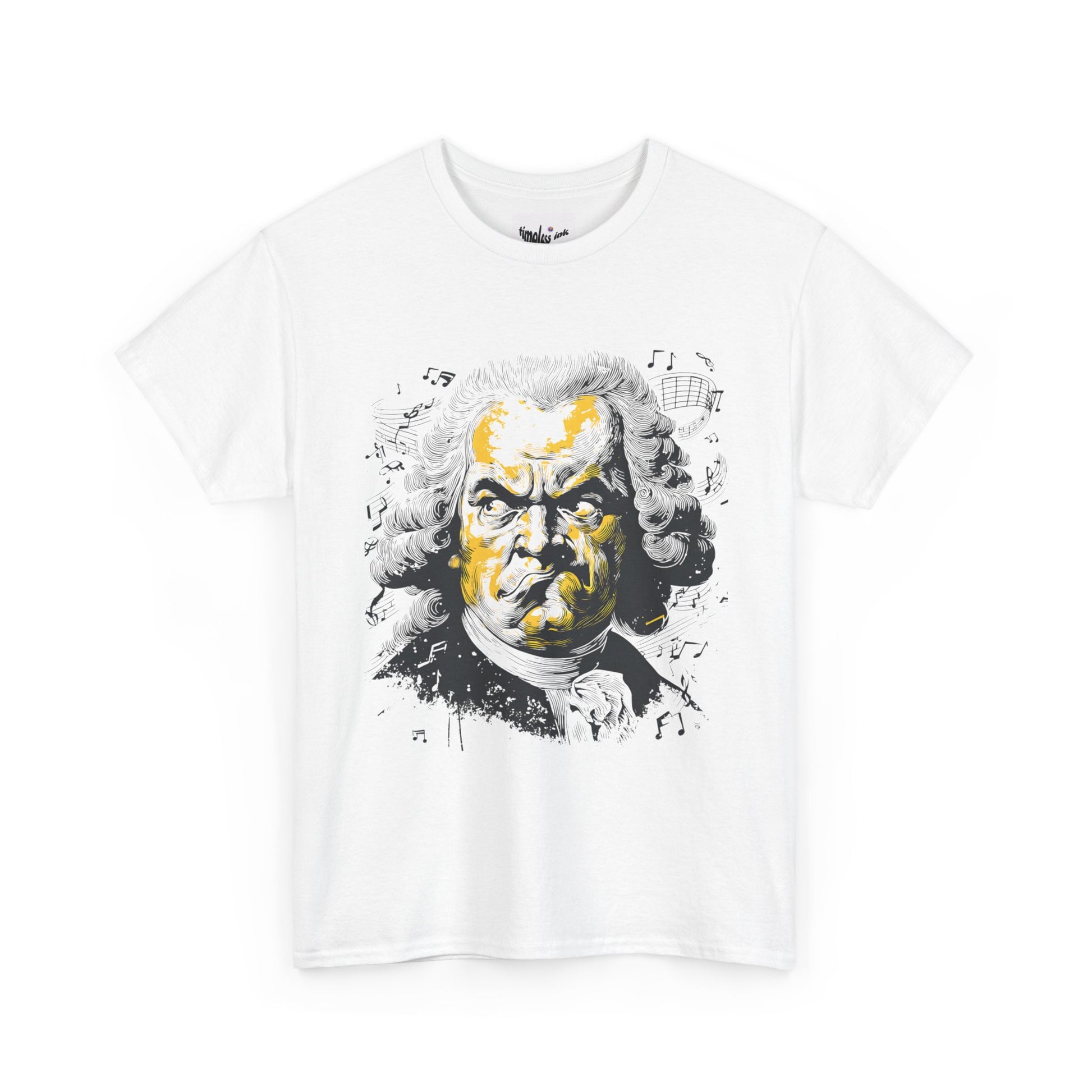 White t-shirt with a graphic design of a face with yellow hair and black clothing on a white background