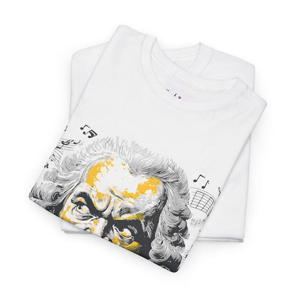 White t-shirt with a graphic design of a face with musical notes on a white background