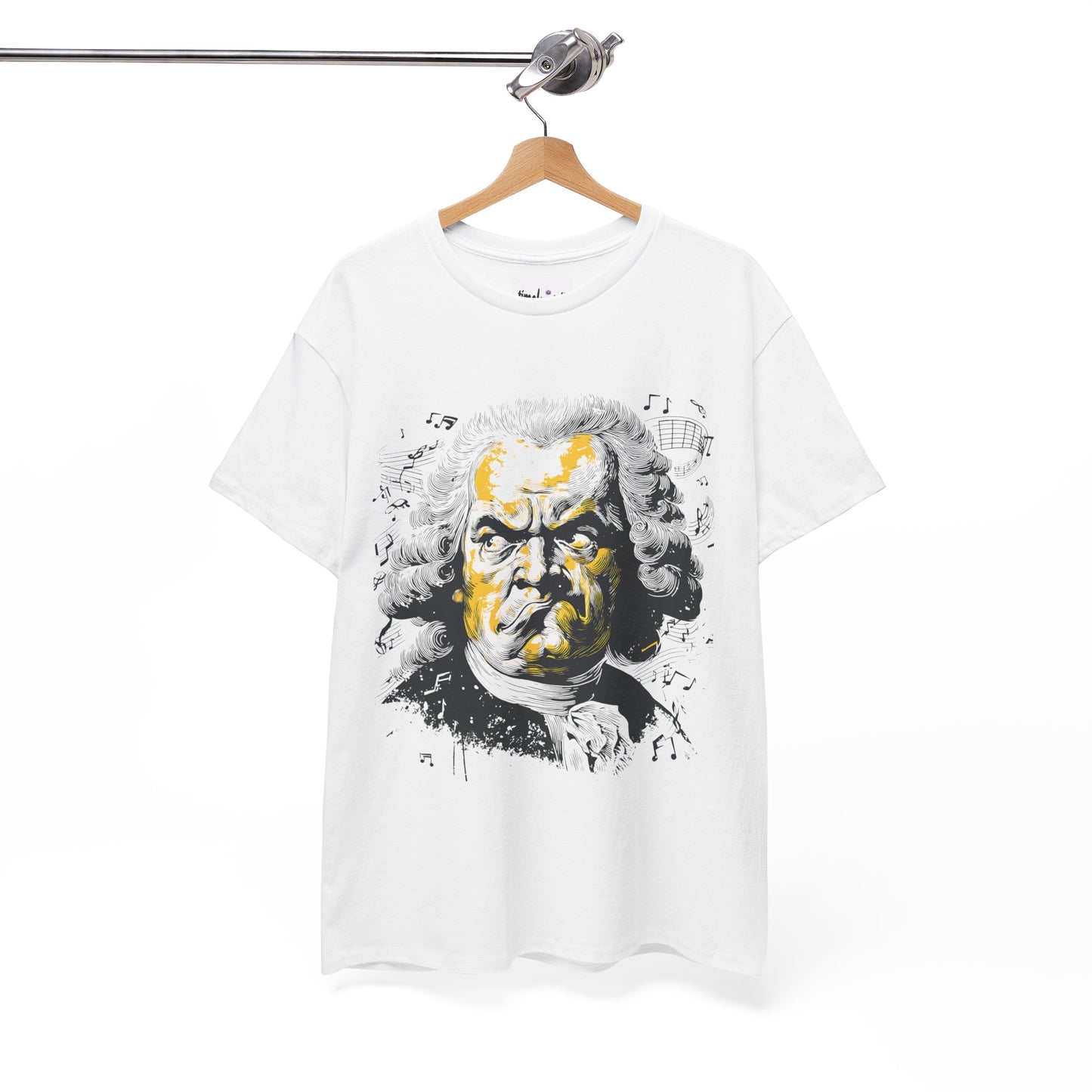 White t-shirt with a graphic design of a famous composer on a hanger against a white background