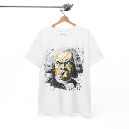 White t-shirt with a graphic design of a famous composer on a hanger against a white background