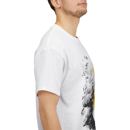 Person wearing a white t-shirt with a graphic design on the sleeve against a white background