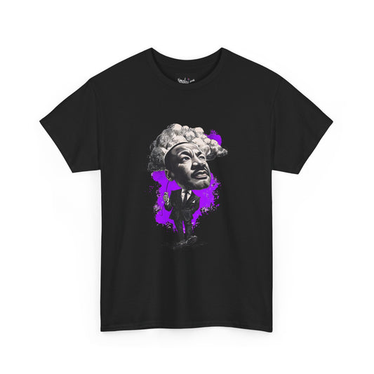 Black t-shirt with a graphic of a person with a purple aura on a white background