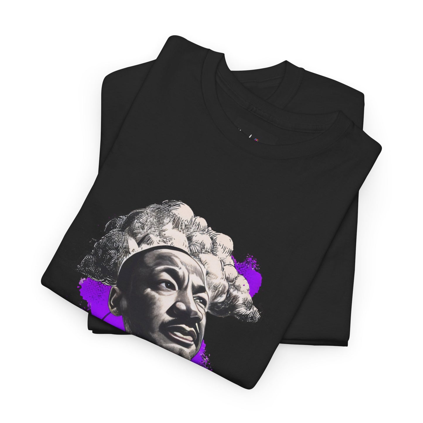 Black t-shirt with a graphic of a person with braided hair on a white background