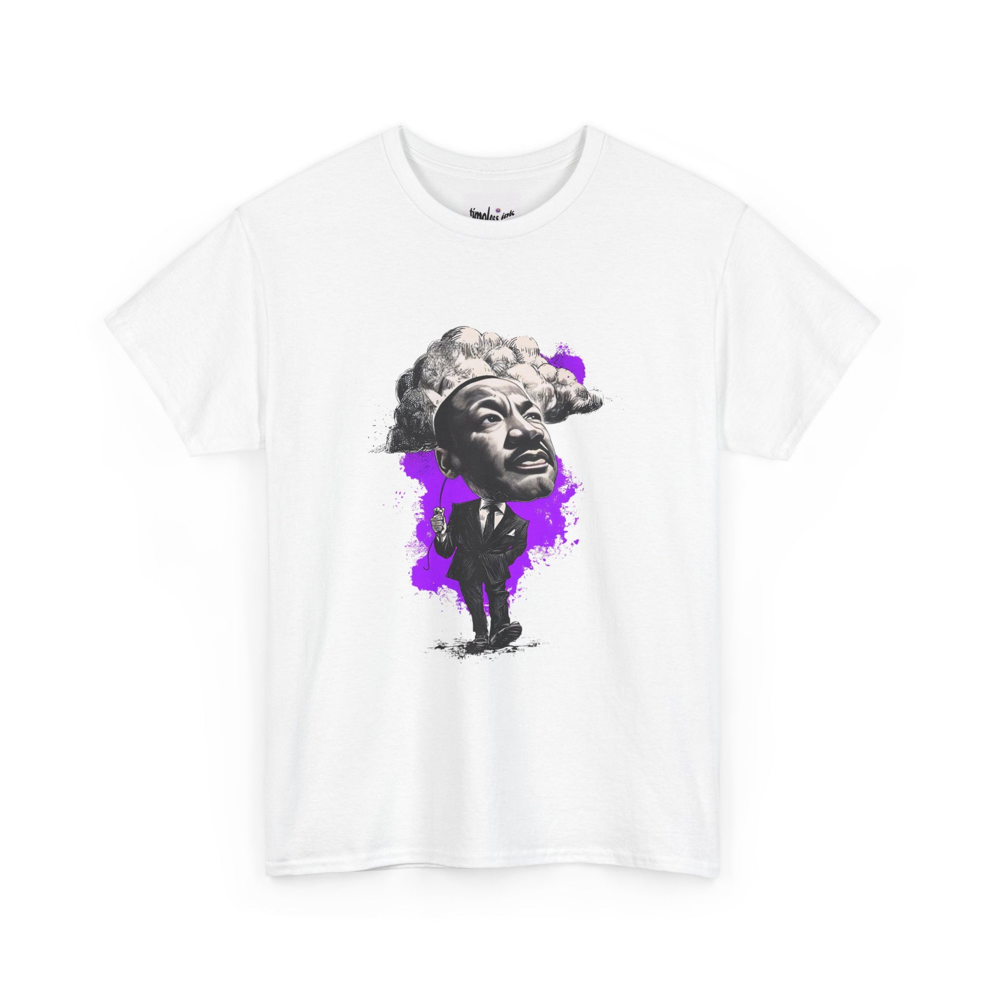 White t-shirt with a graphic design of a person in a suit on a white background