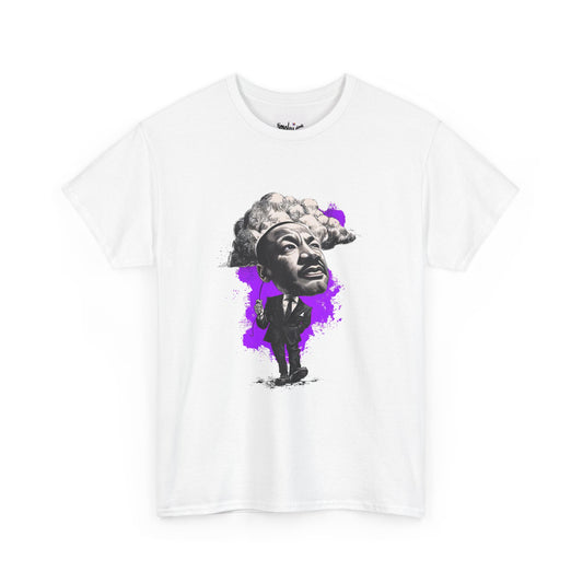 White t-shirt with a graphic design of a person in a suit on a white background