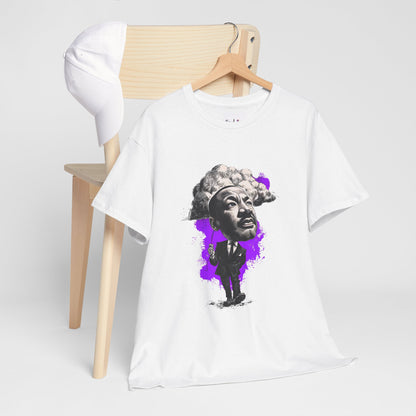 White t-shirt with a graphic design of a person with a purple splash on a wooden chair.