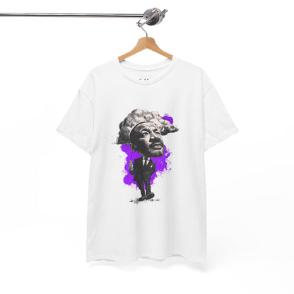 White t-shirt with a graphic design of a person wearing a hat on a hanger against a white background