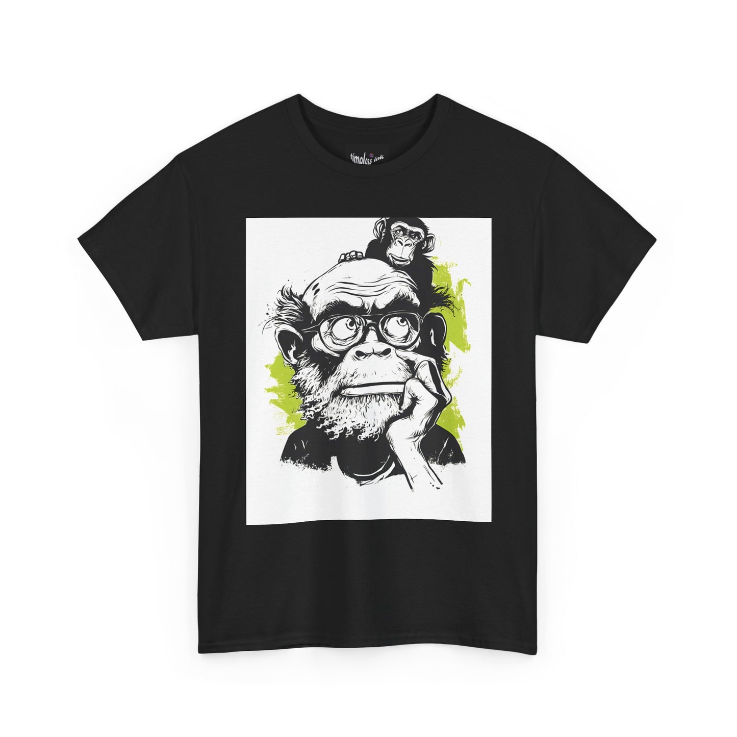 Black t-shirt with a graphic of a monkey and a person on a white background