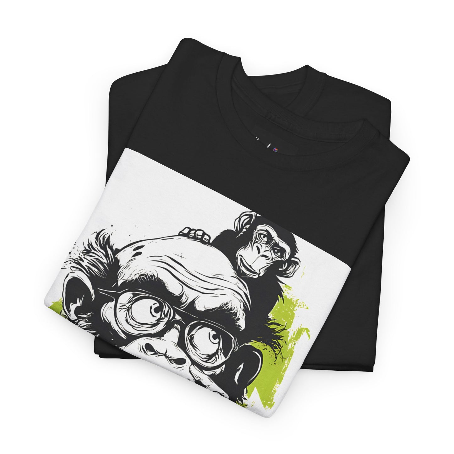 Black t-shirt with a graphic design of two monkeys on a white background