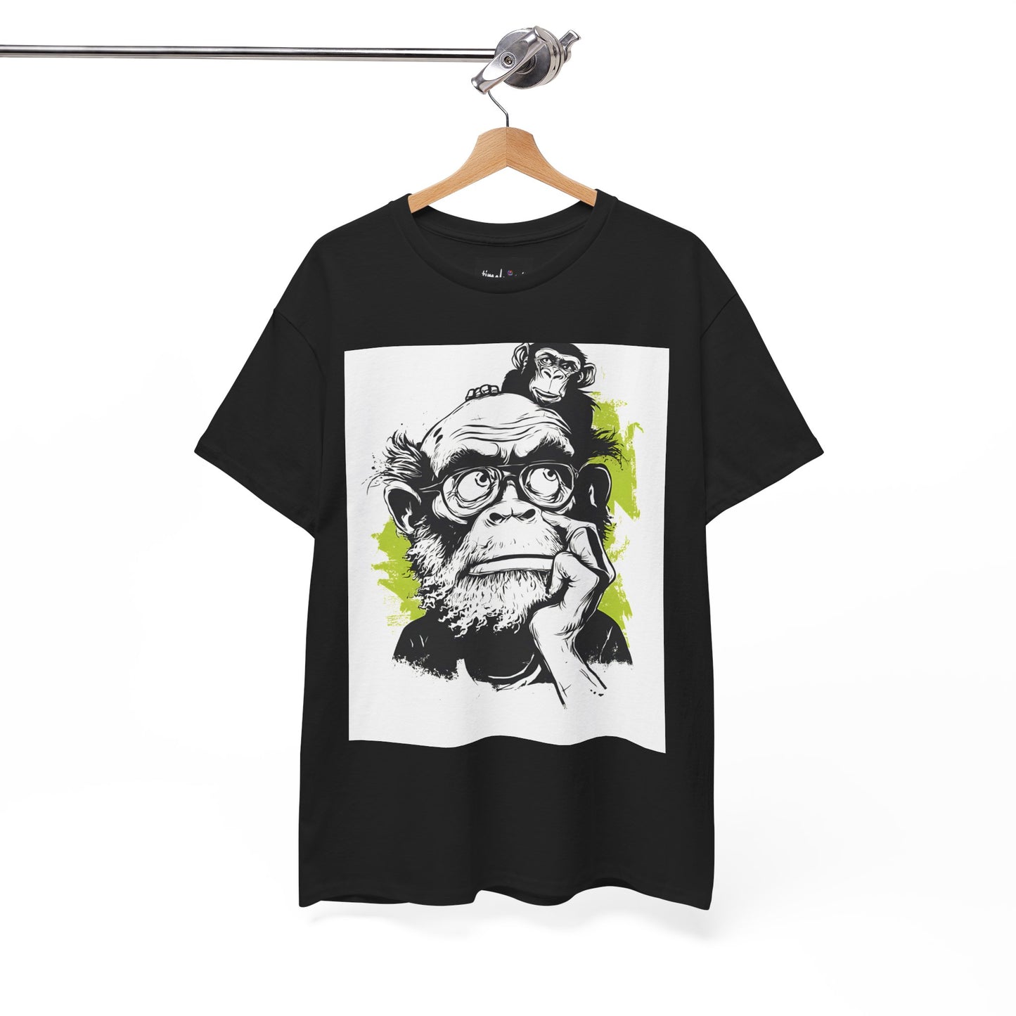 Black t-shirt with a graphic of a monkey wearing glasses on a hanger against a white background