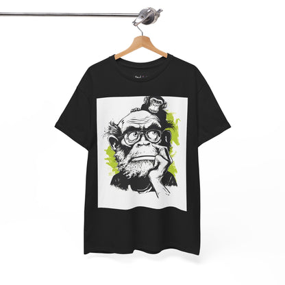 Black t-shirt with a graphic of a monkey wearing glasses on a hanger against a white background