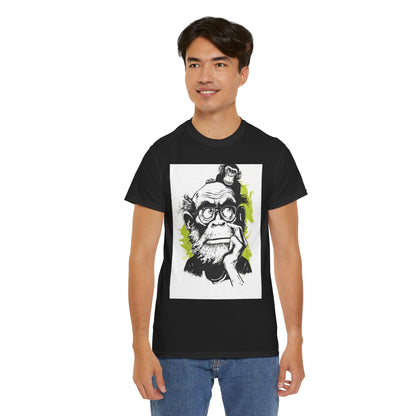 Person wearing a black t-shirt with a graphic design of a monkey wearing glasses.