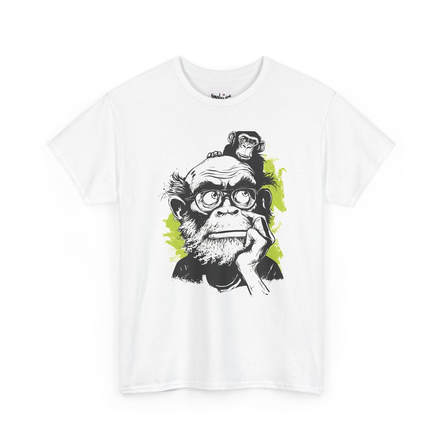 White t-shirt with a graphic of a monkey on a man's head and glasses, on a white background.