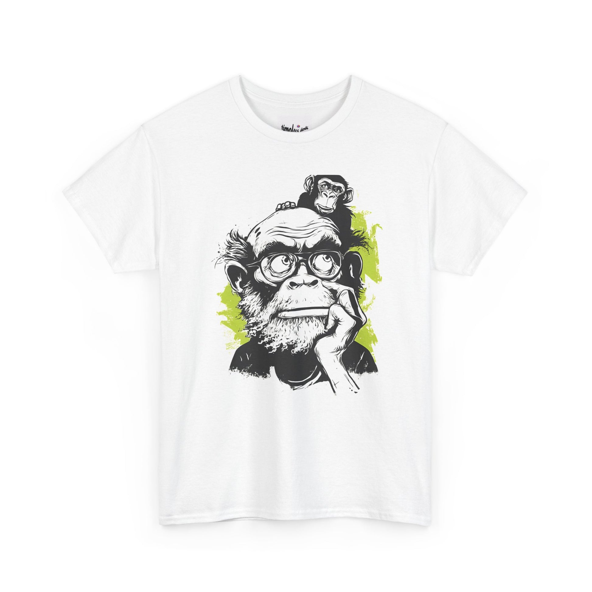 White t-shirt with a graphic of a monkey on a man's head and glasses, on a white background.