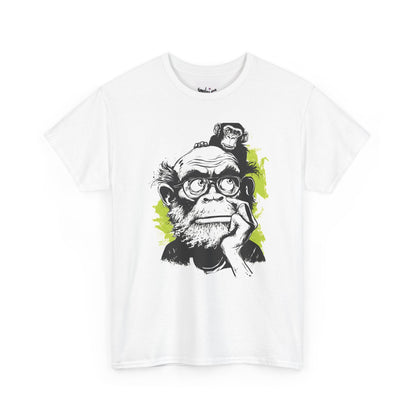 White t-shirt with a graphic of a monkey on a man's head and glasses, on a white background.