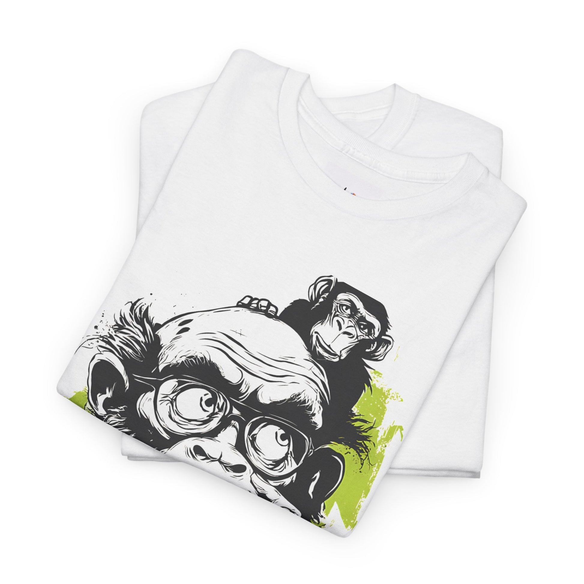 White t-shirt with a graphic design of a monkey on a white background