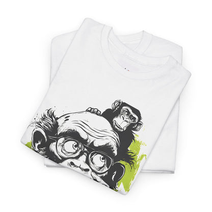 White t-shirt with a graphic design of a monkey on a white background