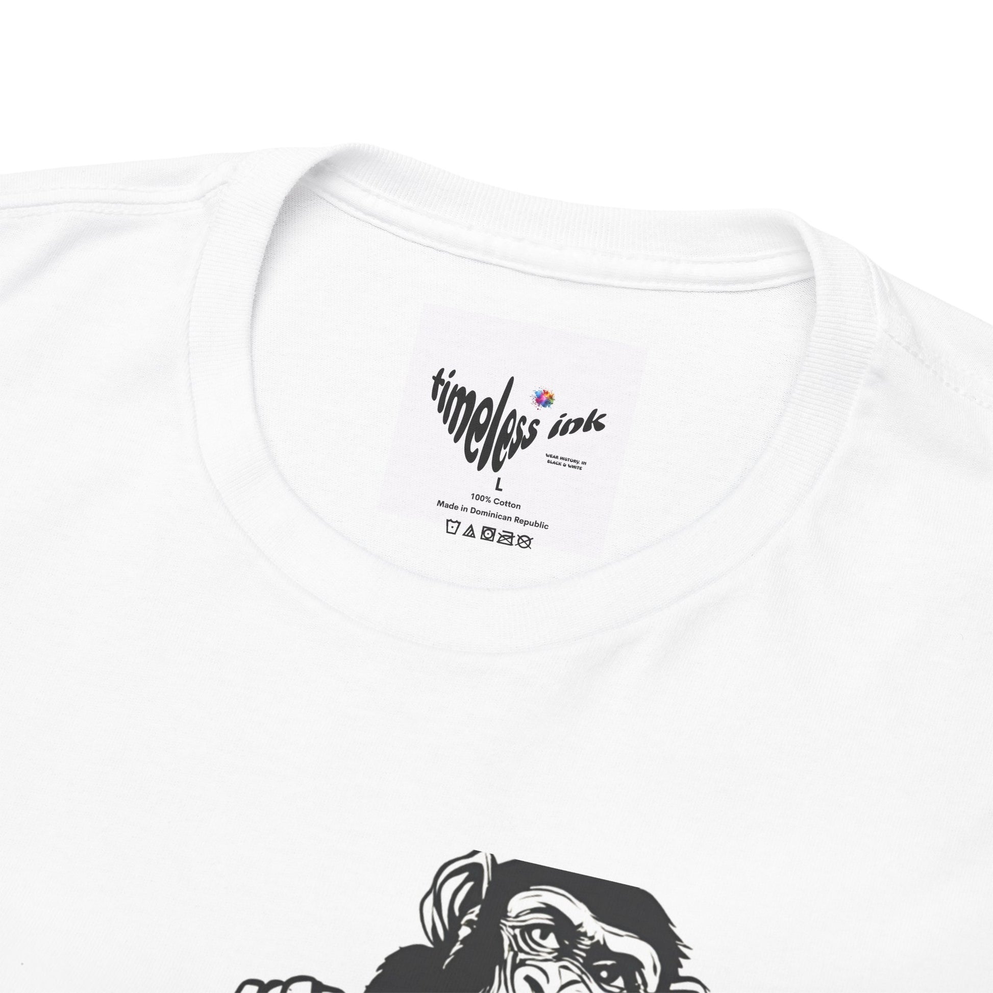 White t-shirt with 'timeless ink' logo and graphic design on a white background