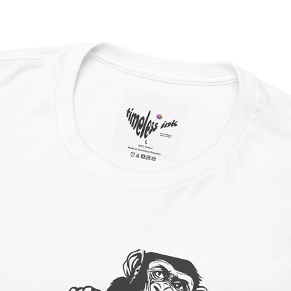 White t-shirt with 'timeless ink' logo and graphic design on a white background